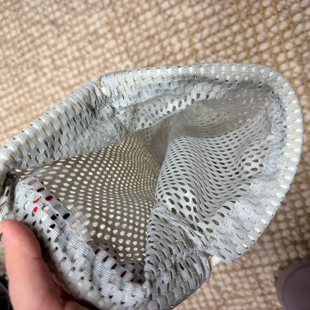 Thom Browne Designer Mesh Gym Bag Perforated Drawstring Bag EUC Gray & White